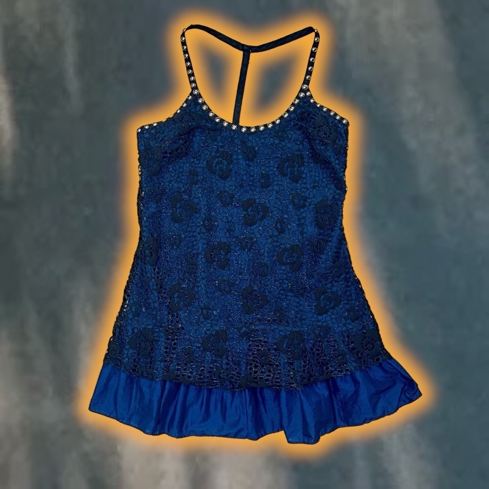 Free People Blue & Black Studded Racerback Lace Overlay Mini Dress Size 2
